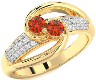Diamond Fire Opal Gold Silver Round Two Stone Ring