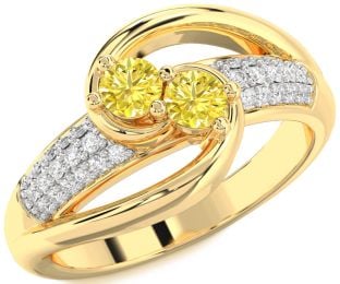 Yellow Diamond Gold Silver Round Two Stone Ring