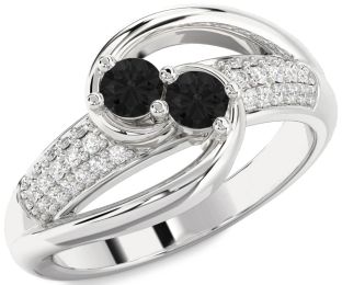 Black Diamond Silver Round Two Stone Ring