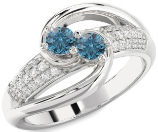Blue Diamond Silver Round Two Stone Ring