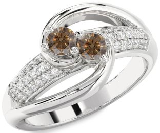 Chocolate Brown Diamond Silver Round Two Stone Ring