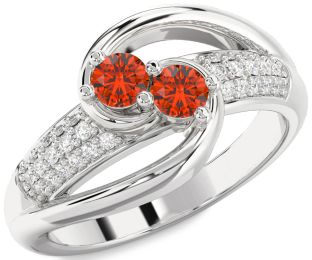 Diamond Fire Opal Silver Round Two Stone Ring