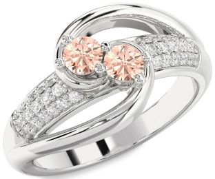 Diamond Morganite Silver Round Two Stone Ring