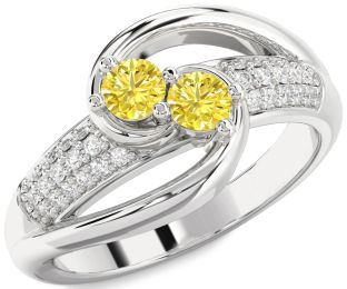 Yellow Diamond Silver Round Two Stone Ring