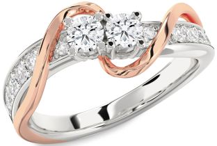 Diamond Silver & 10K Rose Gold Round Two Stone Ring