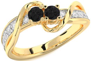 Black Diamond Gold Silver Round Two Stone Ring