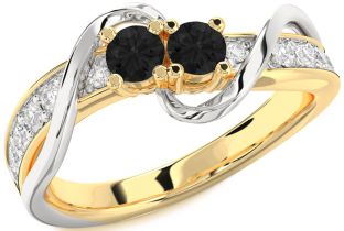 Black Diamond Gold Silver Round Two Stone Ring