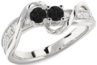 Black Diamond Silver Round Two Stone Ring