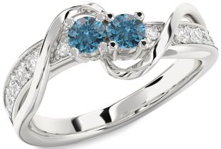 Blue Diamond Silver Round Two Stone Ring