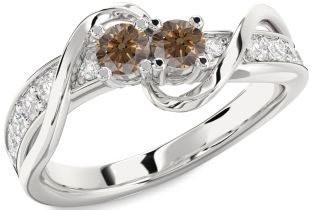 Chocolate Brown Diamond Silver Round Two Stone Ring