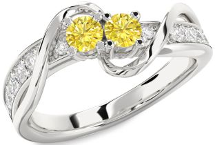 Yellow Diamond Silver Round Two Stone Ring
