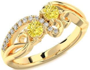 Yellow Diamond Gold Silver Round Two Stone Ring