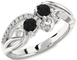 Black Diamond Silver Round Two Stone Ring