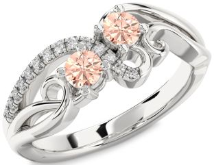 Diamond Morganite Silver Round Two Stone Ring