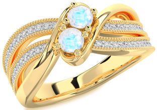 Diamond Moonstone Gold Silver Round Two Stone Ring