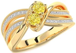 Yellow Diamond Gold Silver Round Two Stone Ring