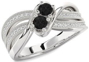 Black Diamond Silver Round Two Stone Ring