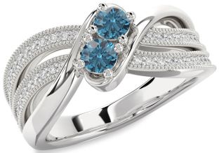 Blue Diamond Silver Round Two Stone Ring