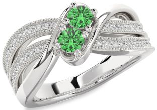 Diamond Green Sapphire Silver Round Two Stone Ring