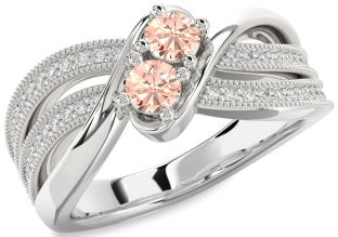 Diamond Morganite Silver Round Two Stone Ring