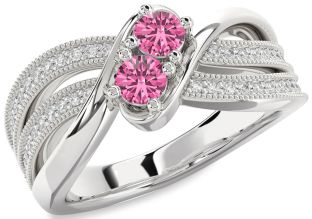 Diamond Pink Sapphire Silver Round Two Stone Ring