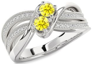 Diamond Yellow Sapphire Silver Round Two Stone Ring