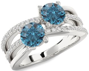 Blue Diamond Silver Round Two Stone Ring