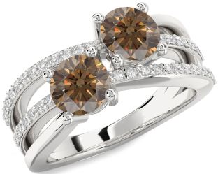 Chocolate Brown Diamond Silver Round Two Stone Ring