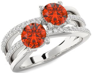 Diamond Fire Opal Silver Round Two Stone Ring