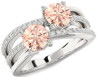 Diamond Morganite Silver Round Two Stone Ring
