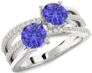 Diamond Tanzanite Silver Round Two Stone Ring