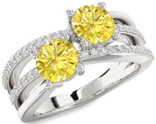 Yellow Diamond Silver Round Two Stone Ring
