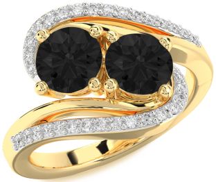 Black Diamond Gold Silver Round Two Stone Ring