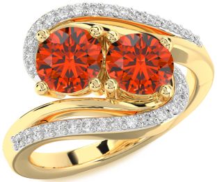 Diamond Fire Opal Gold Round Two Stone Ring