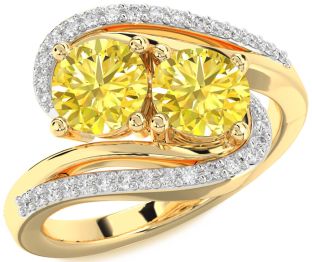 Yellow Diamond Gold Silver Round Two Stone Ring