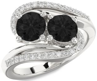 Black Diamond Silver Round Two Stone Ring