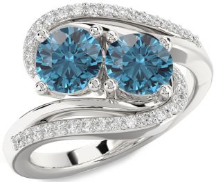 Blue Diamond Silver Round Two Stone Ring