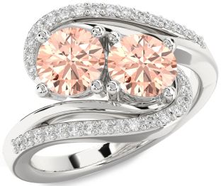 Diamond Morganite Silver Round Two Stone Ring