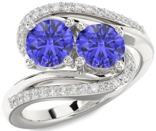 Diamond Tanzanite Silver Round Two Stone Ring