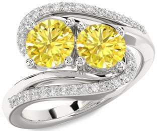 Yellow Diamond Silver Round Two Stone Ring