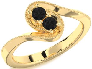 Black Diamond Gold Silver Round Two Stone Ring