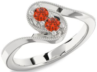 Fire Opal Silver Round Two Stone Ring