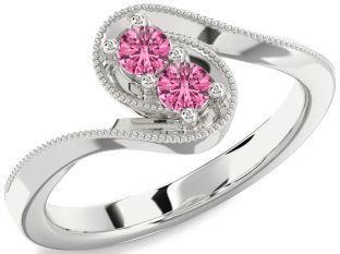 Pink Sapphire Silver Round Two Stone Ring