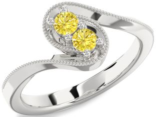 Yellow Diamond Silver Round Two Stone Ring