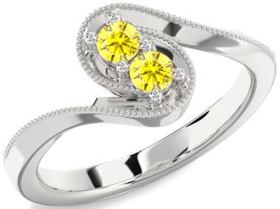 Yellow Sapphire Silver Round Two Stone Ring
