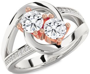 Diamond Silver & 10K Rose Gold Round Two Stone Ring