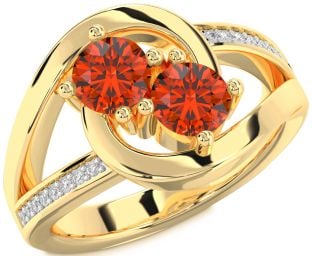 Diamond Fire Opal Gold Silver Round Two Stone Ring