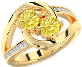 Yellow Diamond Gold Silver Round Two Stone Ring