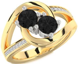 Black Diamond Gold Silver Round Two Stone Ring
