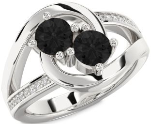 Black Diamond Silver Round Two Stone Ring